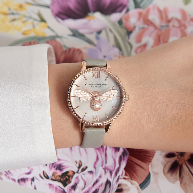 34mm Rose Gold & Gray Leather Strap Watch