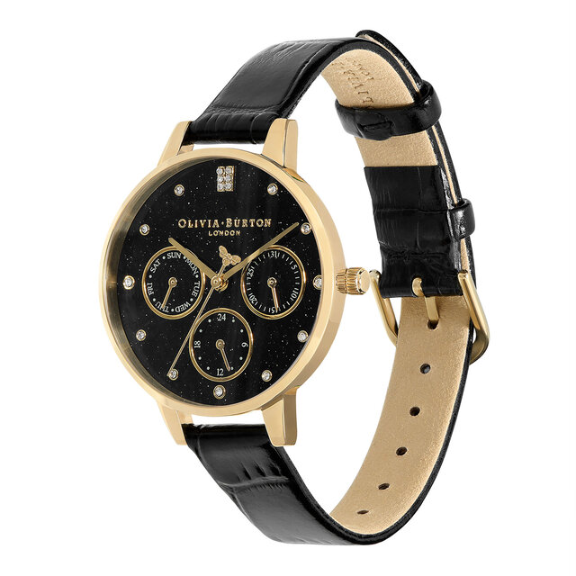 34mm Gold & Black Leather Strap Watch