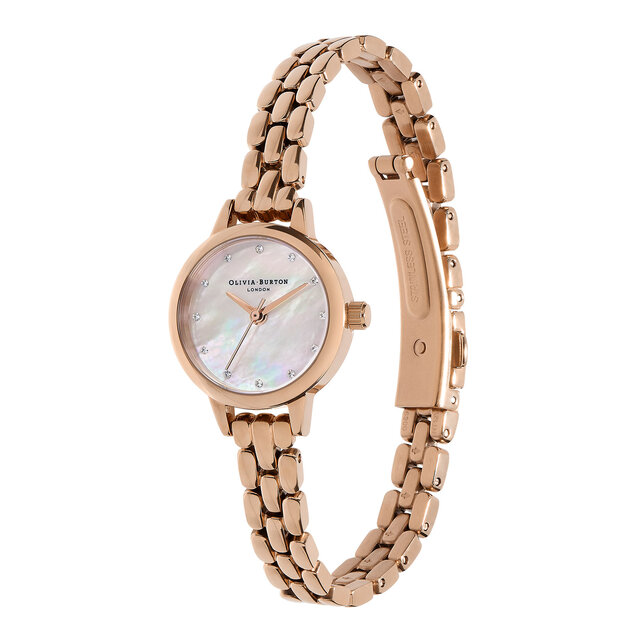 Montre Classic à mini cadran, nacre blanc poudré et bracelet or rose