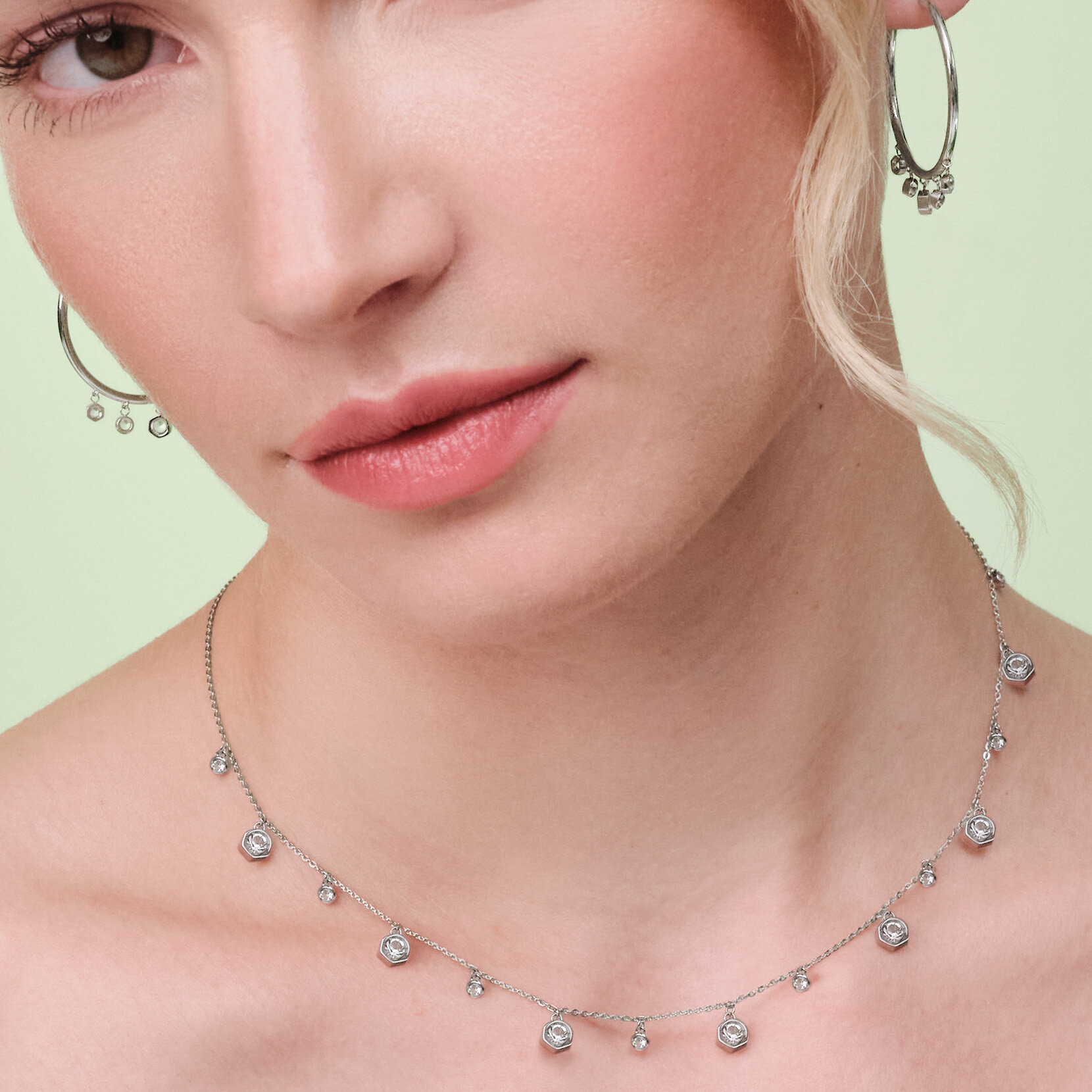 Mini Droplet Clear Crystal Silver Tone Necklace