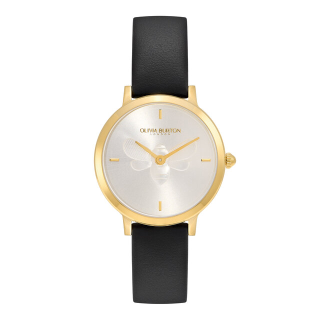 Montre Abeille ultra fine avec bracelet en cuir Or et Noir 28 mm