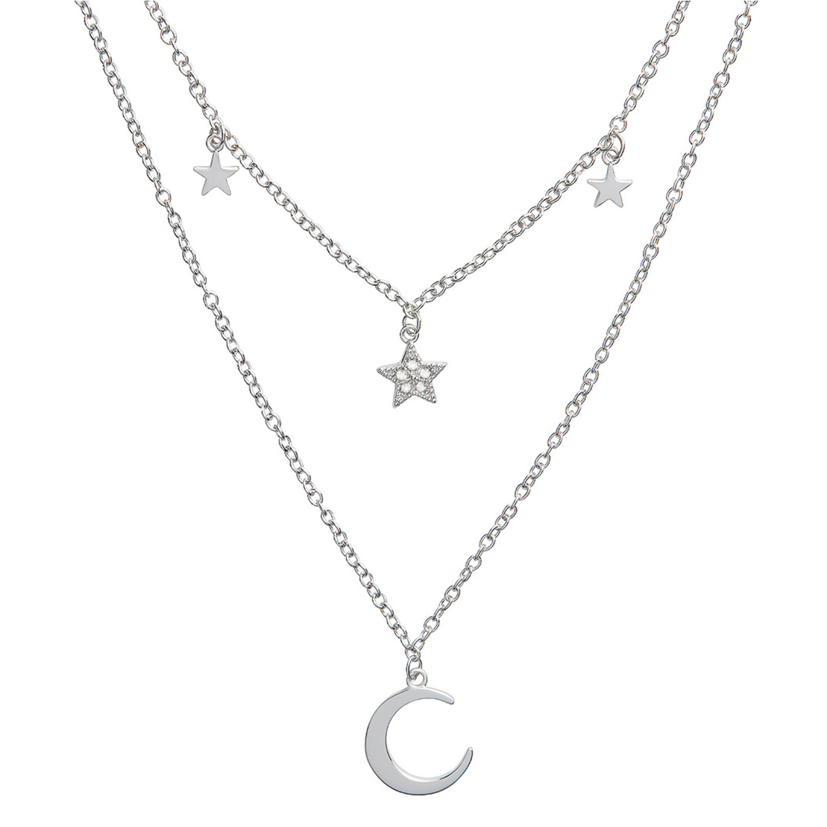 Celestial Silver Moon & Star Double Chain Necklace