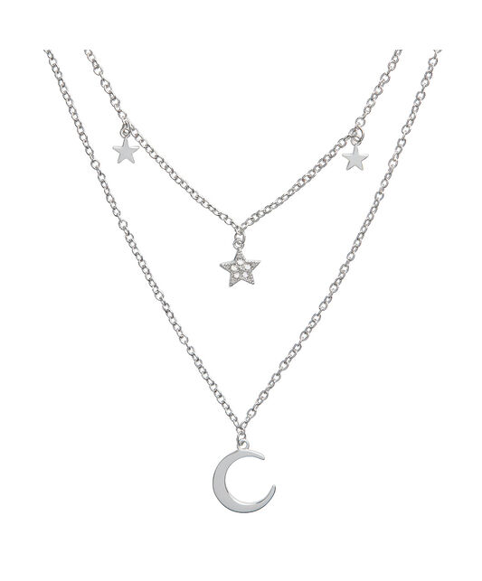 Silver Crescent Moon and Star Chain Necklace