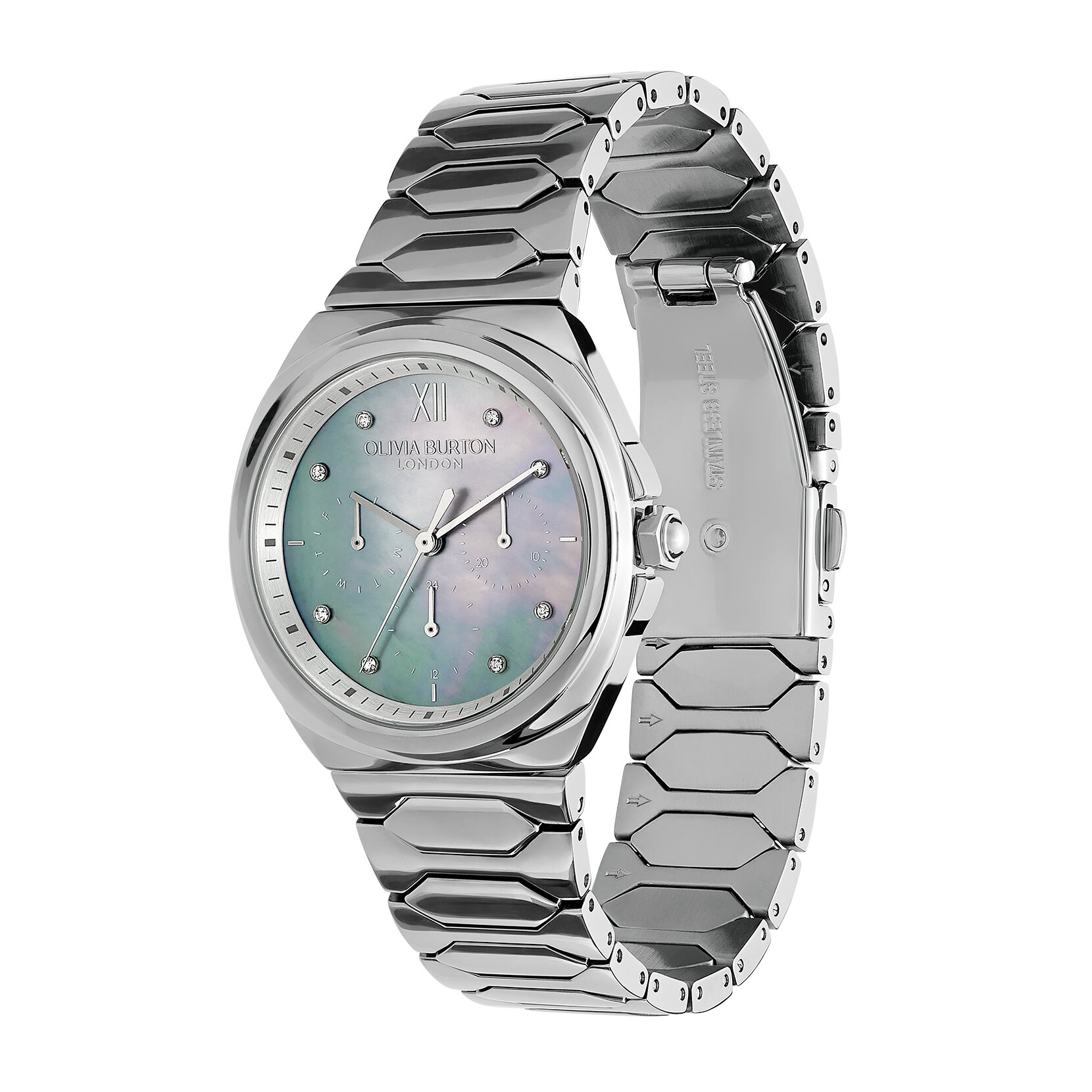Montre Lustrée Multifonction Gris Clair & Bracelet Argent 36 mm