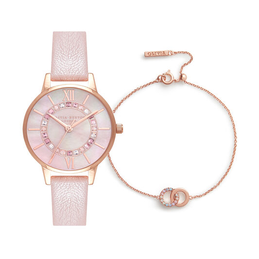Coffret-cadeau Wonderland montre rose perle et or rose, et bracelet classique entrelacé