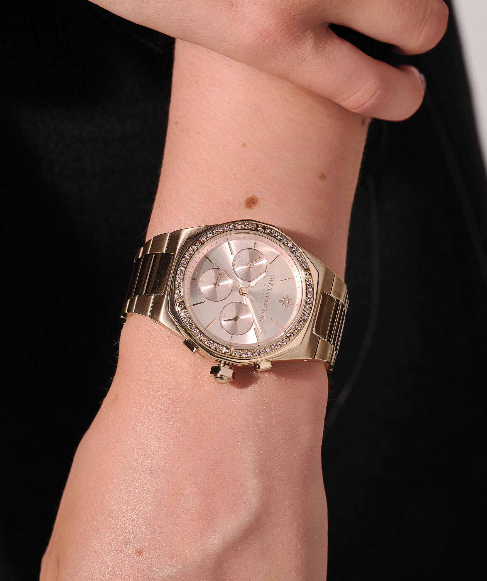 Stainless steel watch with carnation gold dial and crystal markers online
