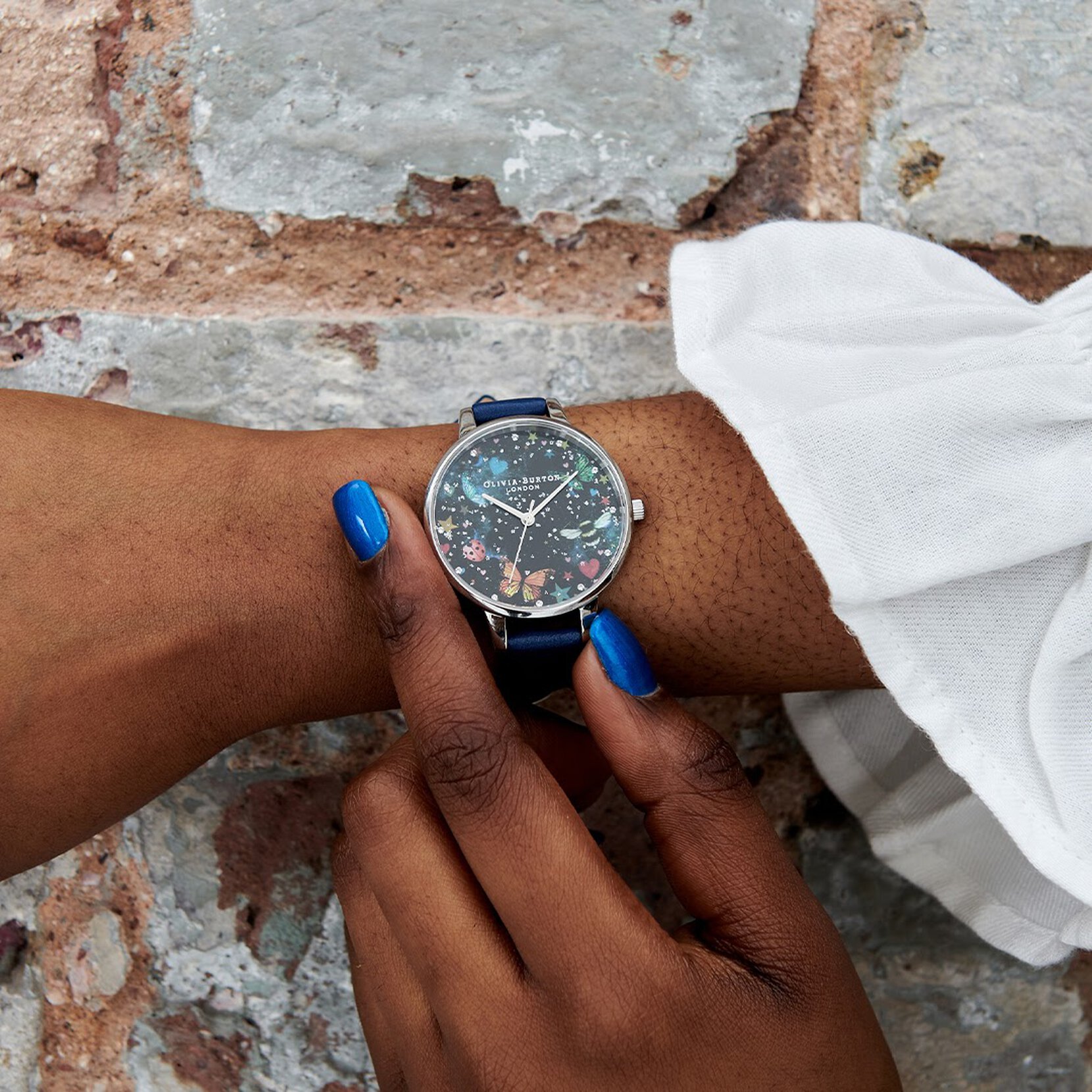 34mm Silver & Blue Leather Strap Watch