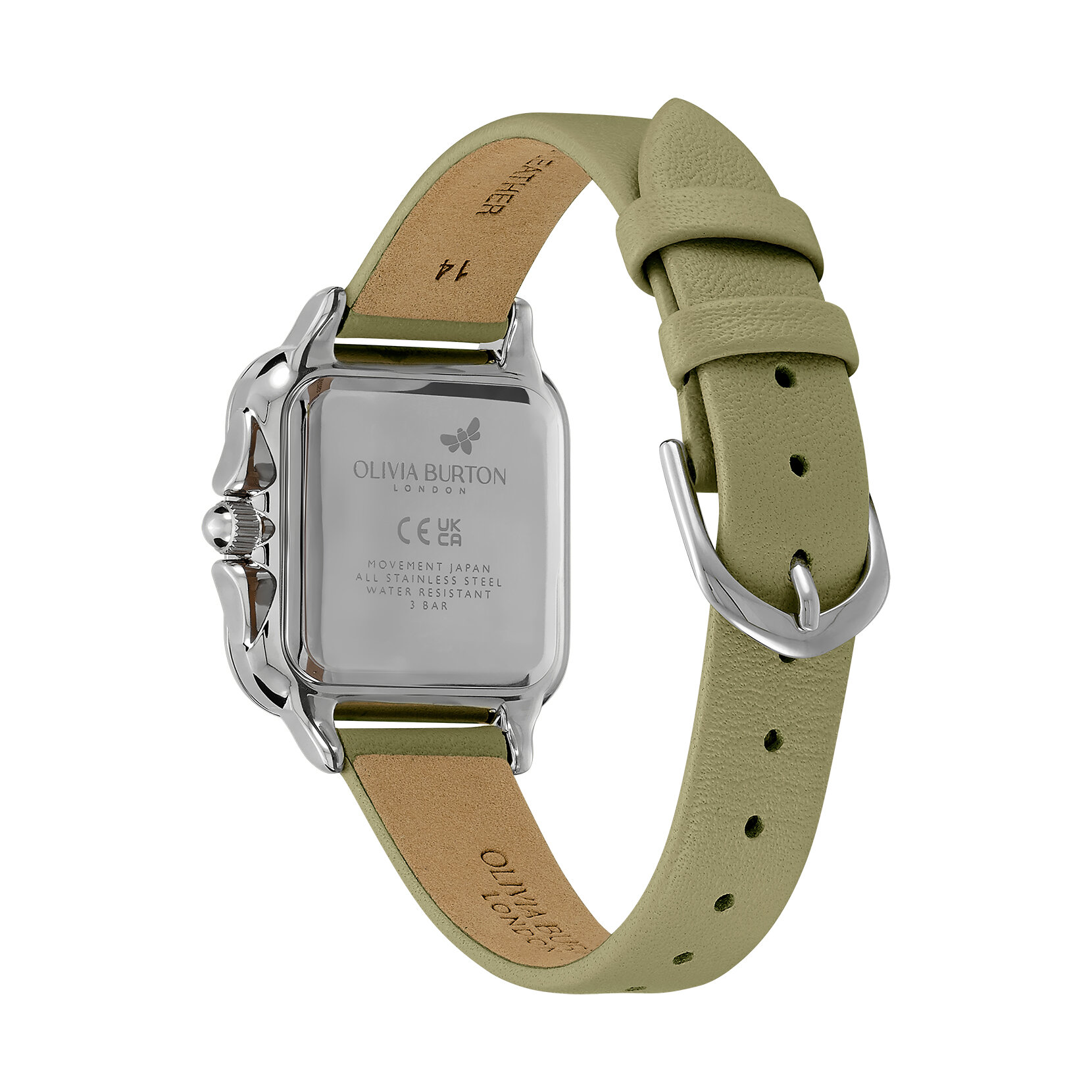 Montre Grosvenor Argent & Bracelet en Cuir Vert Sauge 28 mm