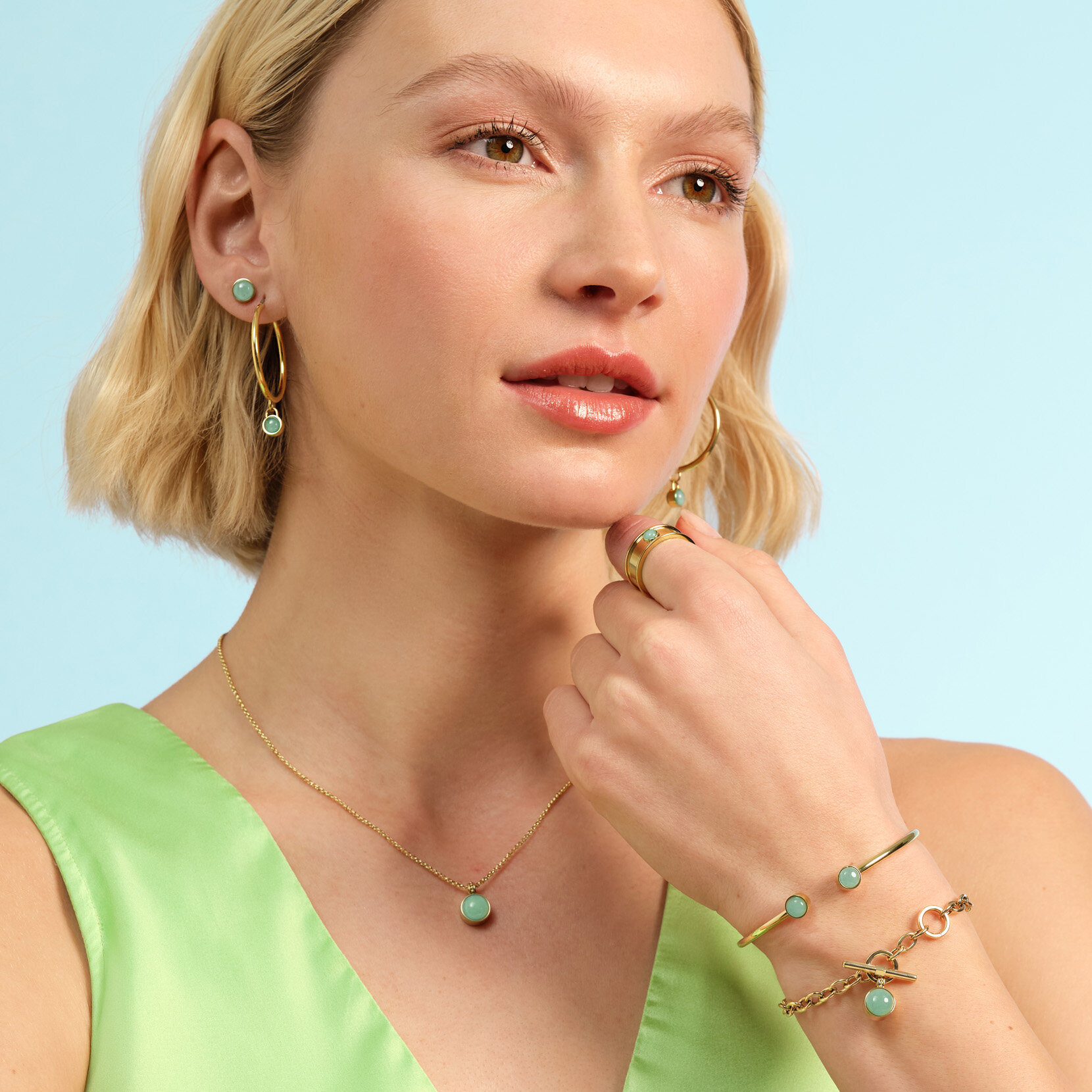 Aventurine Cabochon Gold Plated Gemstone Hoop Earrings