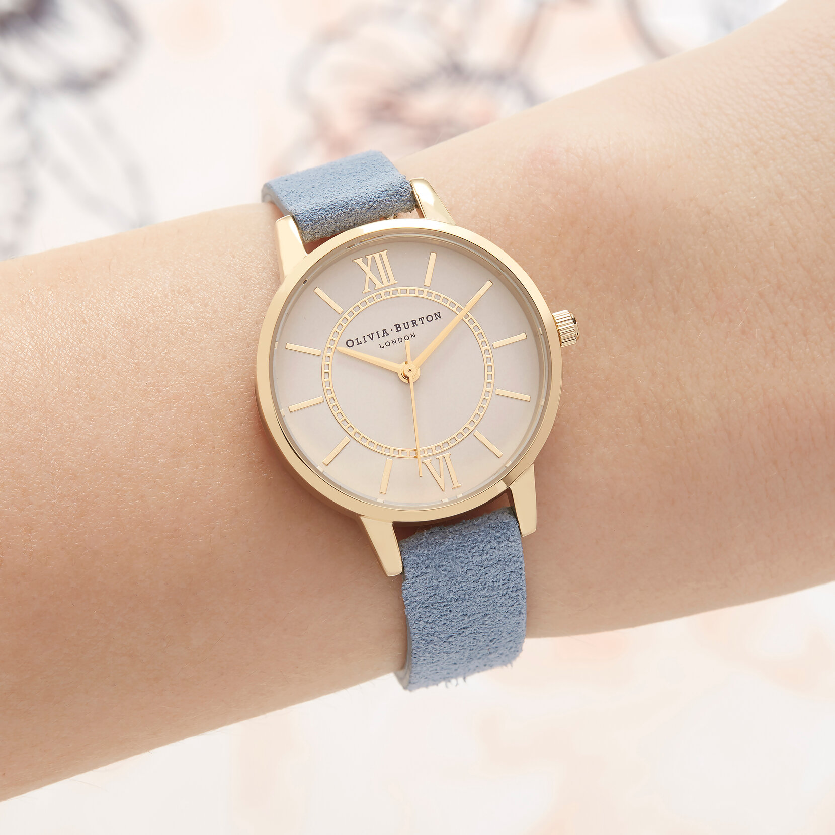 Wonderland Chalk Blue Suede, Nude Dial & Gold Watch
