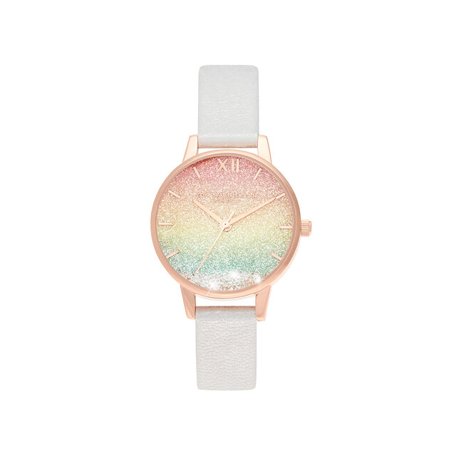 Montre motif arc-en-ciel demi cadran perle et or rose