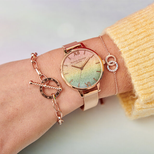 Cadran Rainbow Glitter et bracelet milanais or rose