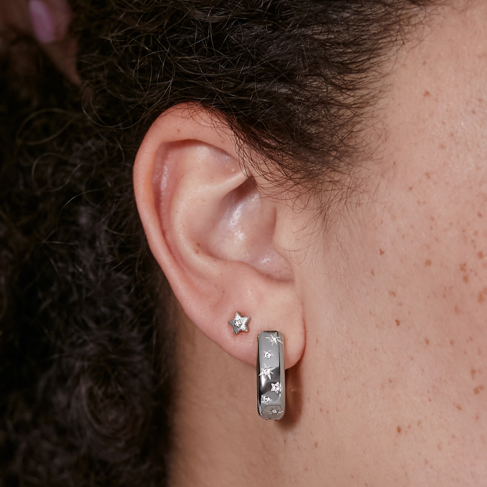 Celestial Mini North Star and Moon Silver Tone Stud Earrings