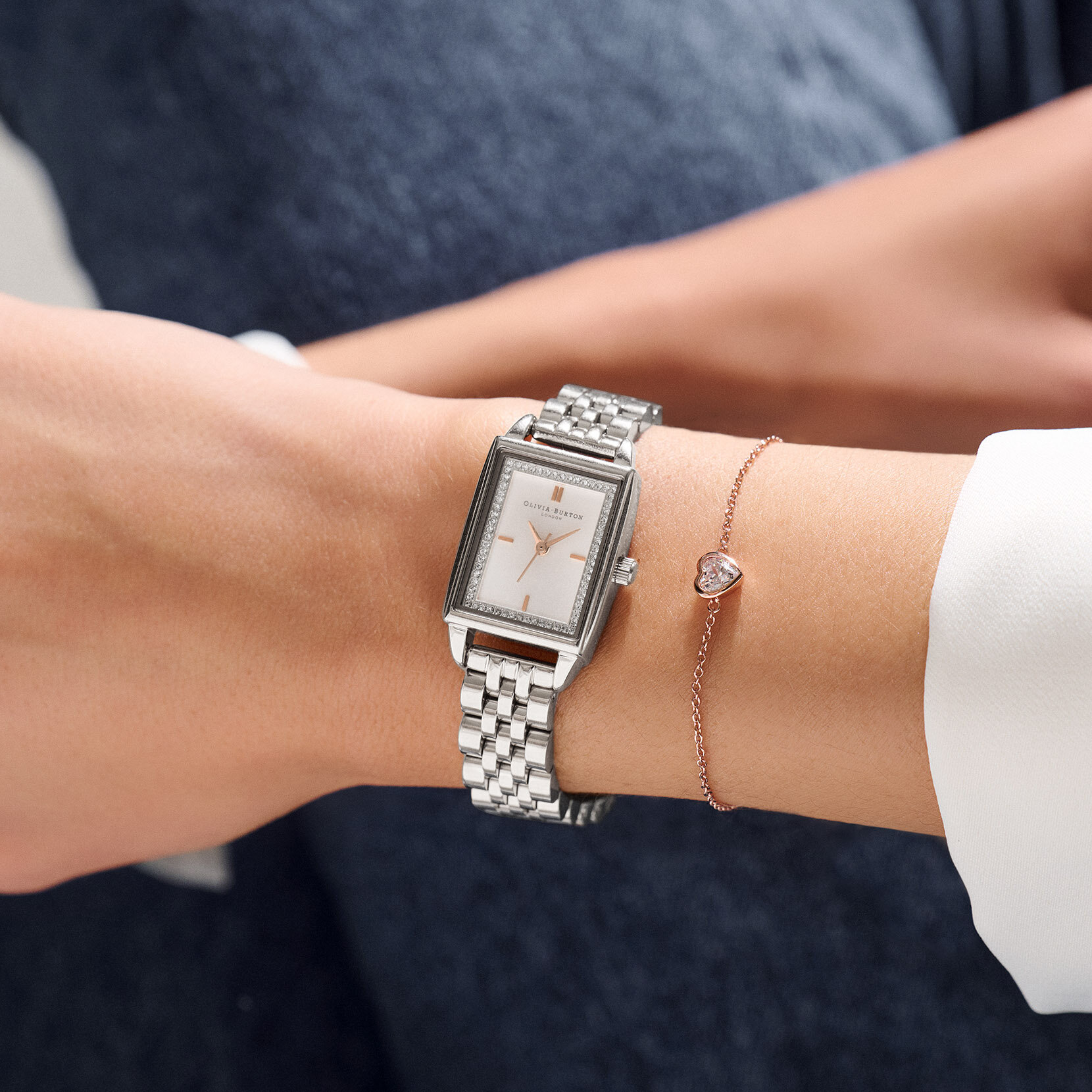 Montre Townhouse rectangulaire blanc à bracelet argent 21 mm