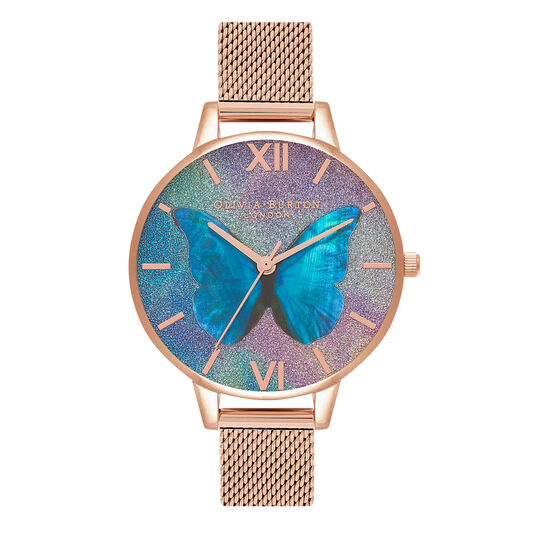 Sparkle Butterfly 34mm Multicoloured & Rose Gold Mesh Watch