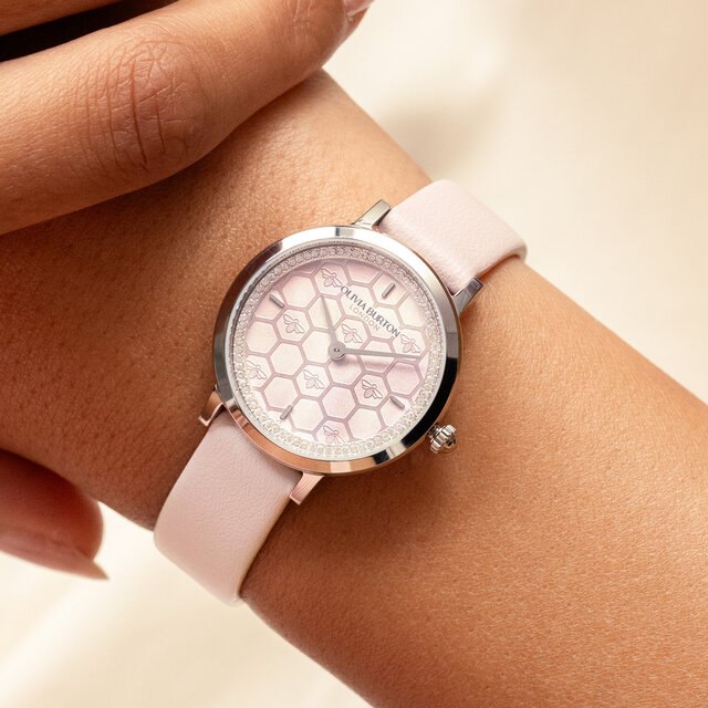 Montre Honeycomb Ultra Fine & Bracelet Cuir Rose Primrose & Argenté 28mm