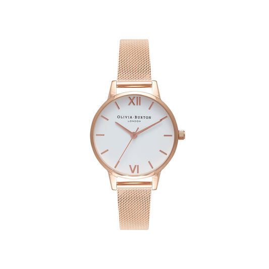 White Dial Rose Gold Mesh Watch