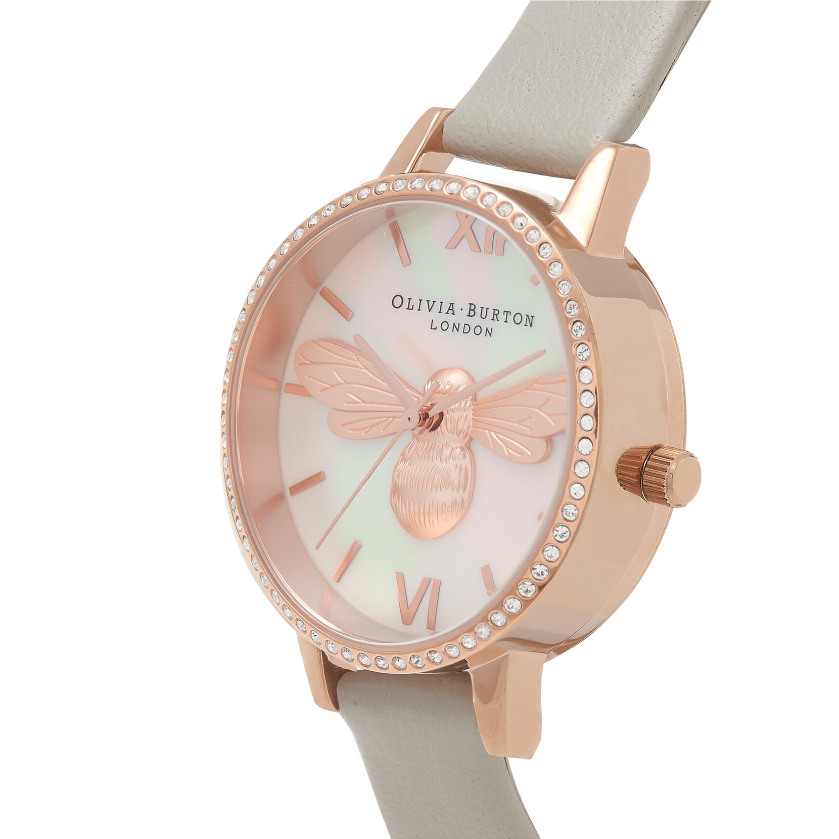 Montre charme grise et or rose à cadran demi au motif d'abeille