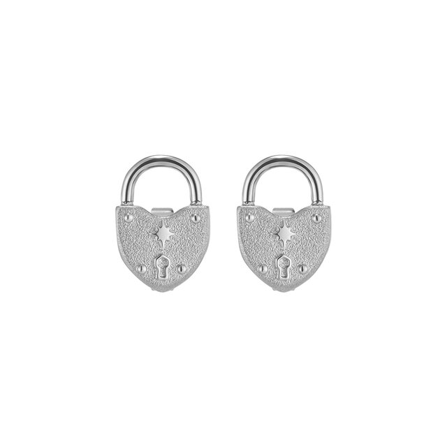 Lock Heart Silver Tone Stud Earrings