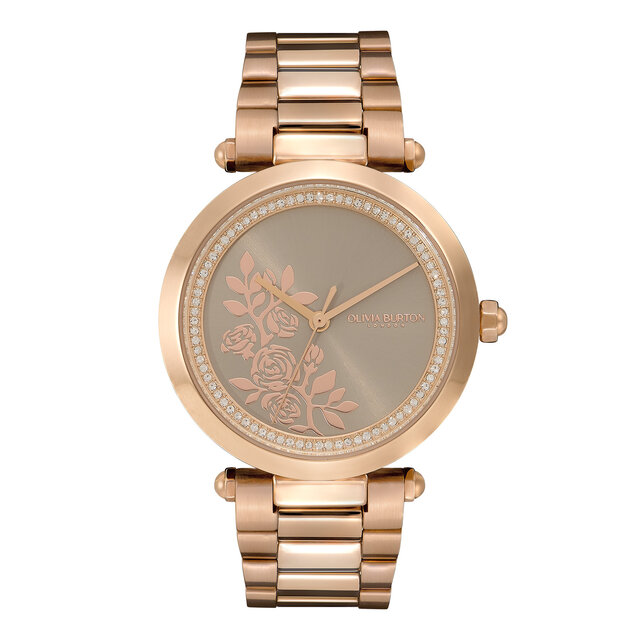 Montre florale avec fermoir en T Gris et Or rose 34 mm
