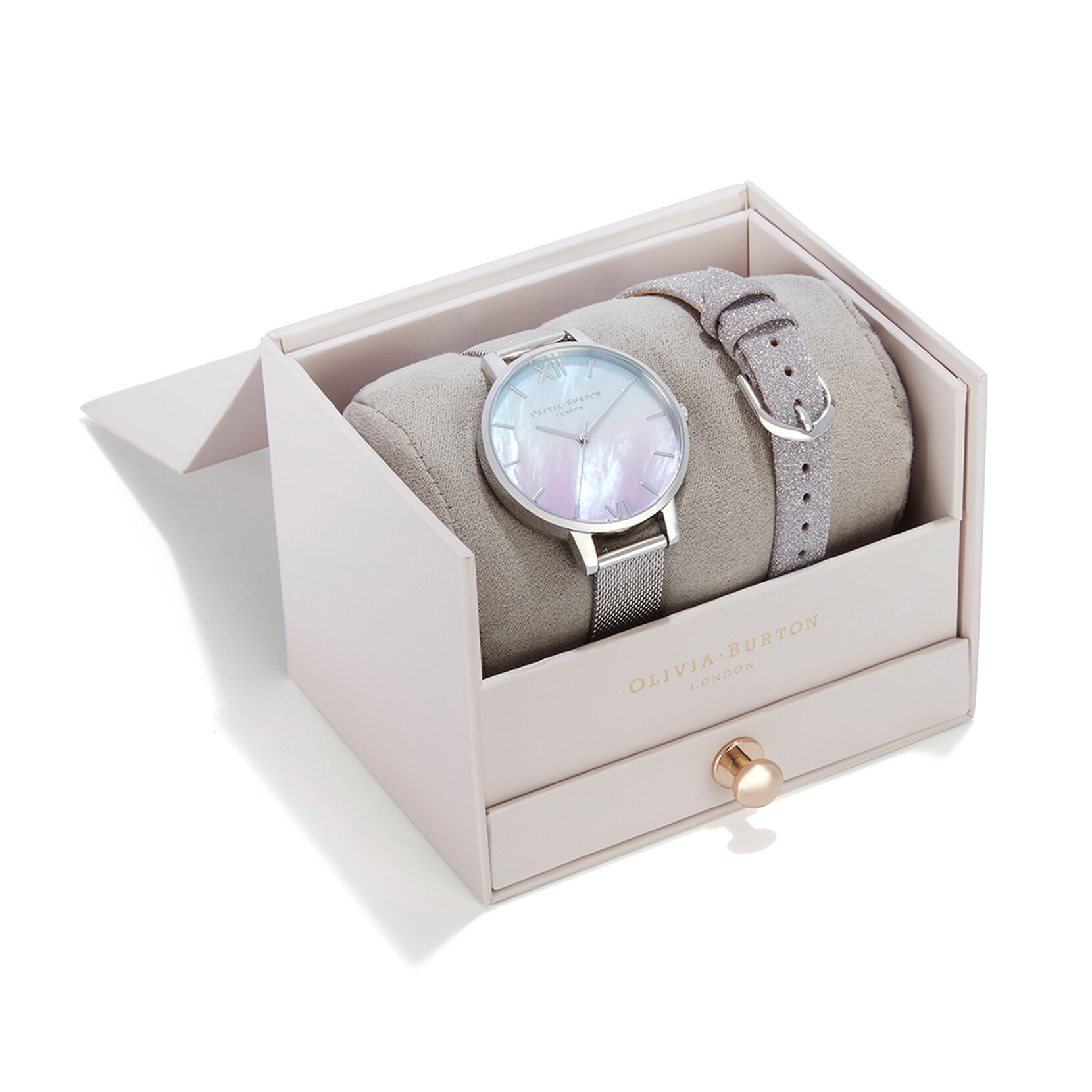 Ombre Mother Of Pearl Dial  Watch with Lilac Glitter Strap & Silver Mesh Strap Set