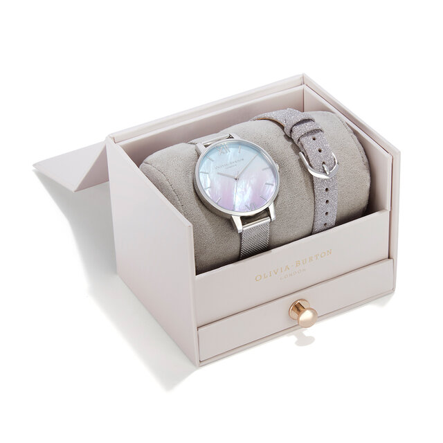  Boîtier argenté à cadran Ombre MOP avec bracelet à paillettes lilas et bracelet à mailles en argent