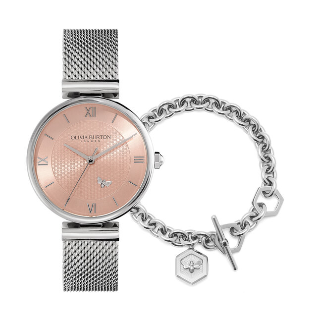 36mm Minima Bee Blush & Silver Mesh Watch & Minima Bee Toggle Bracelet Gift Set
