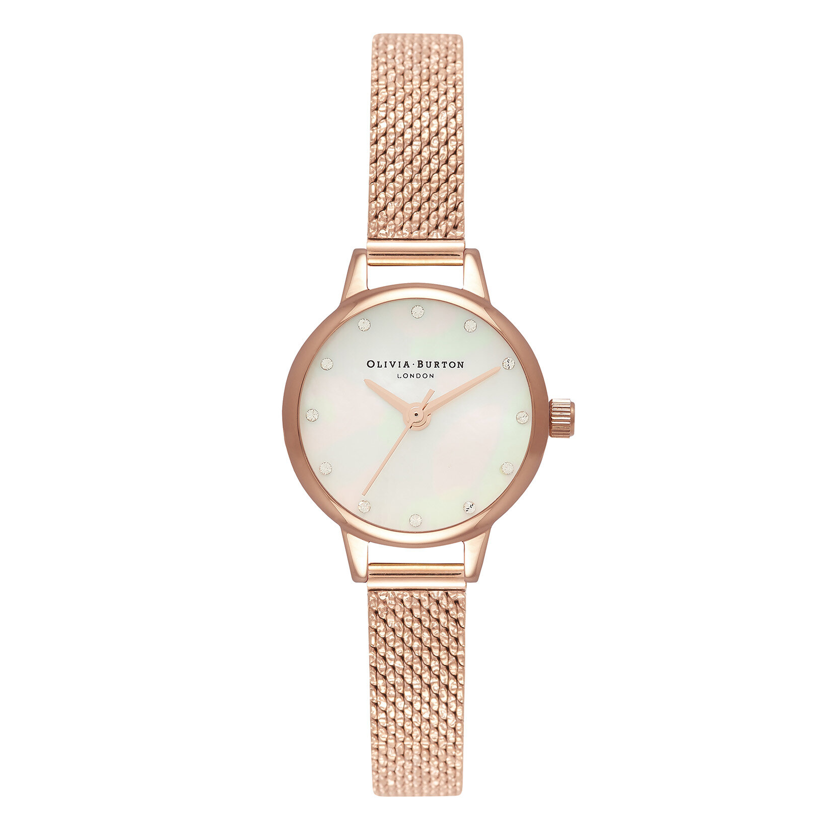 Montre à cadran Mini nacre blanche, index scintillants et bracelet milanais bouclé or rose