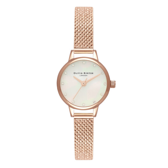 Montre à cadran Mini nacre blanche, index scintillants et bracelet milanais bouclé or rose