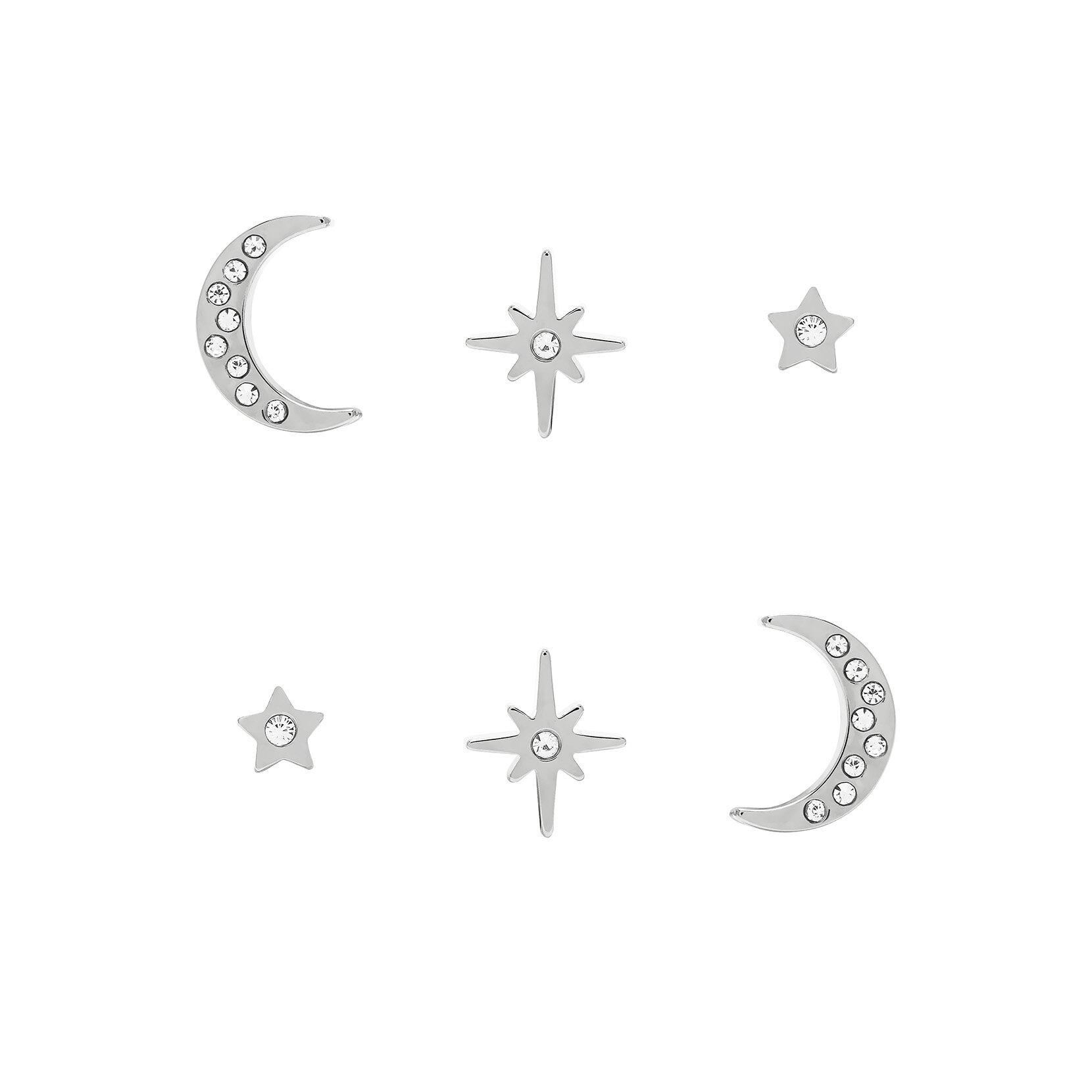 North Star & Moon Silver Stud Earrings Set