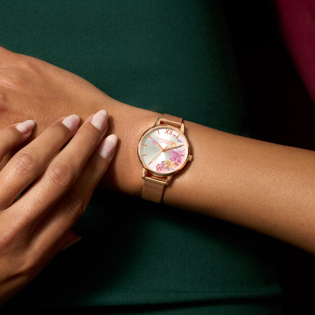 Montre maille ornée de fleurs 30mm or rose