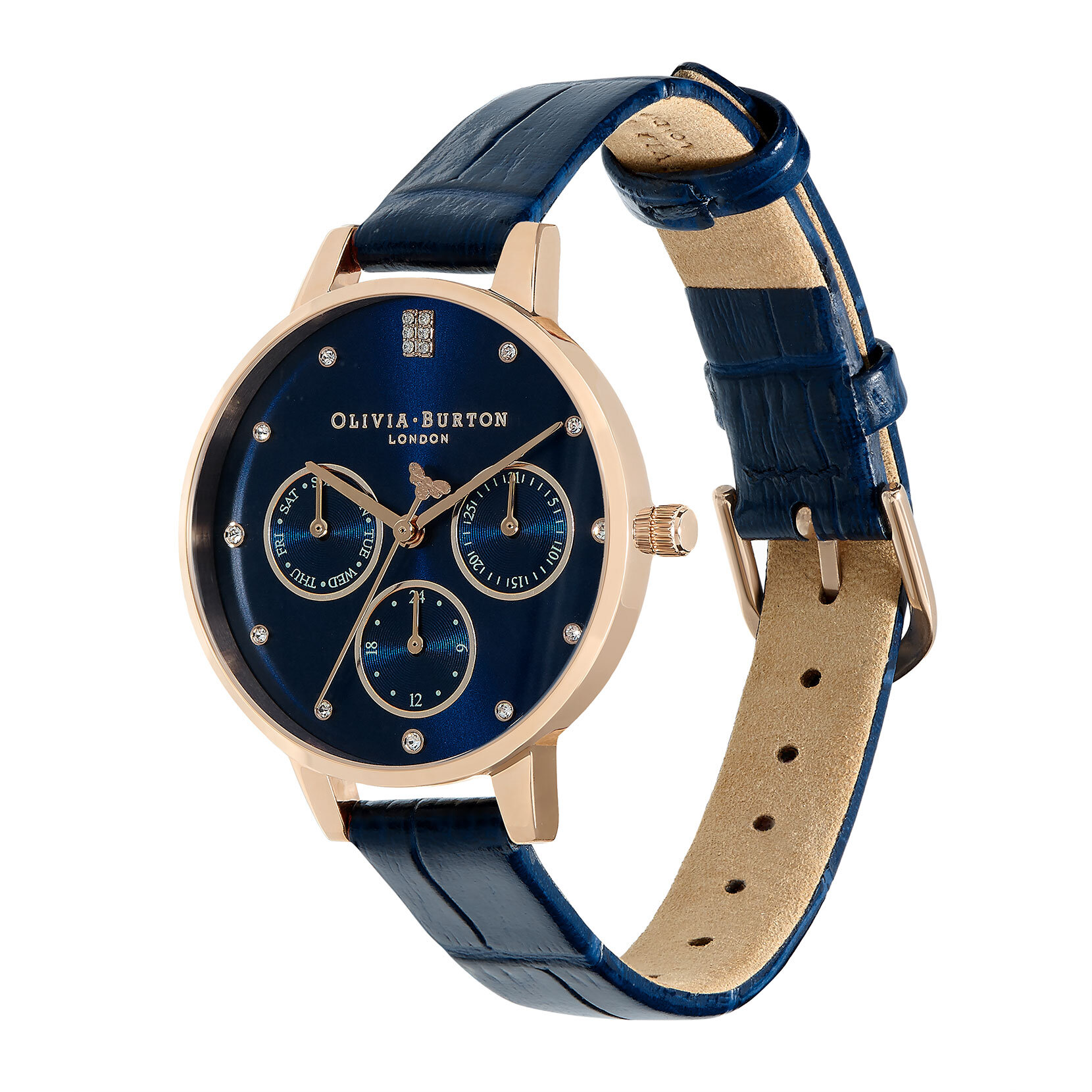 Montre Multifunction or blanc à bracelet cuir bleu foncé 34 mm