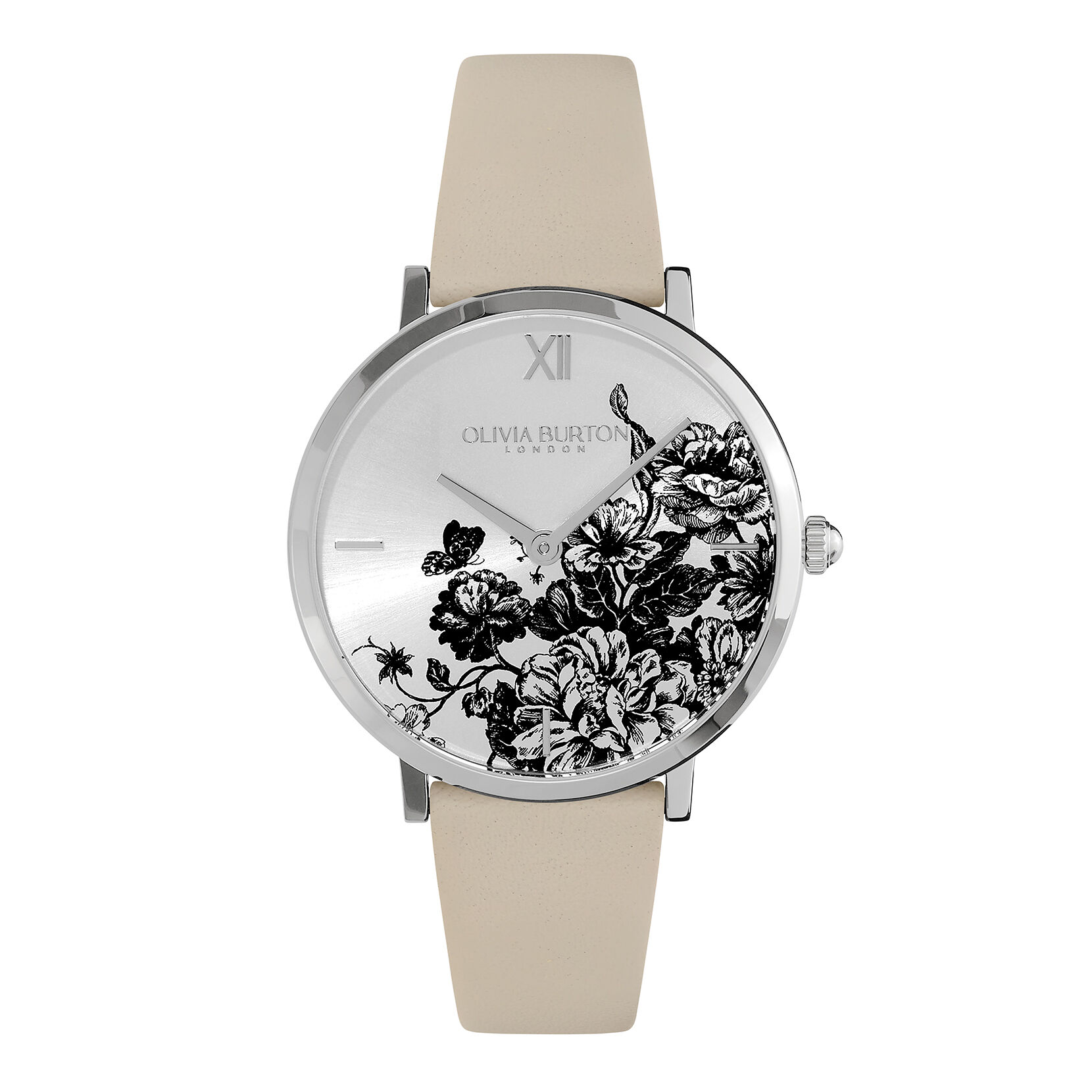 35mm Floral Blooms Ultra Slim Silver Antique Pearl Leather Strap Watch