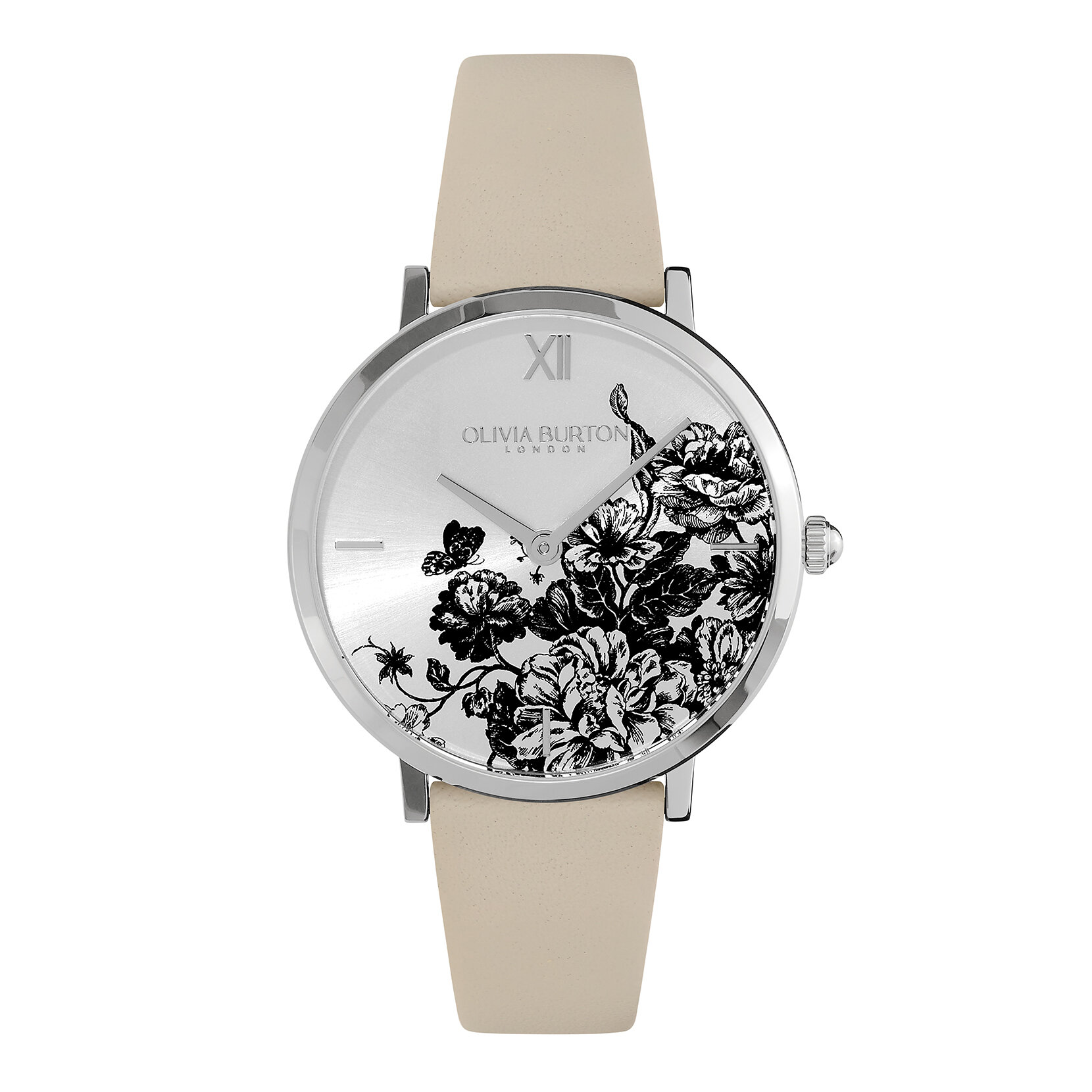 Montre Floral Blooms ultra fine avec bracelet en cuir Argent et Perle antique 35 mm