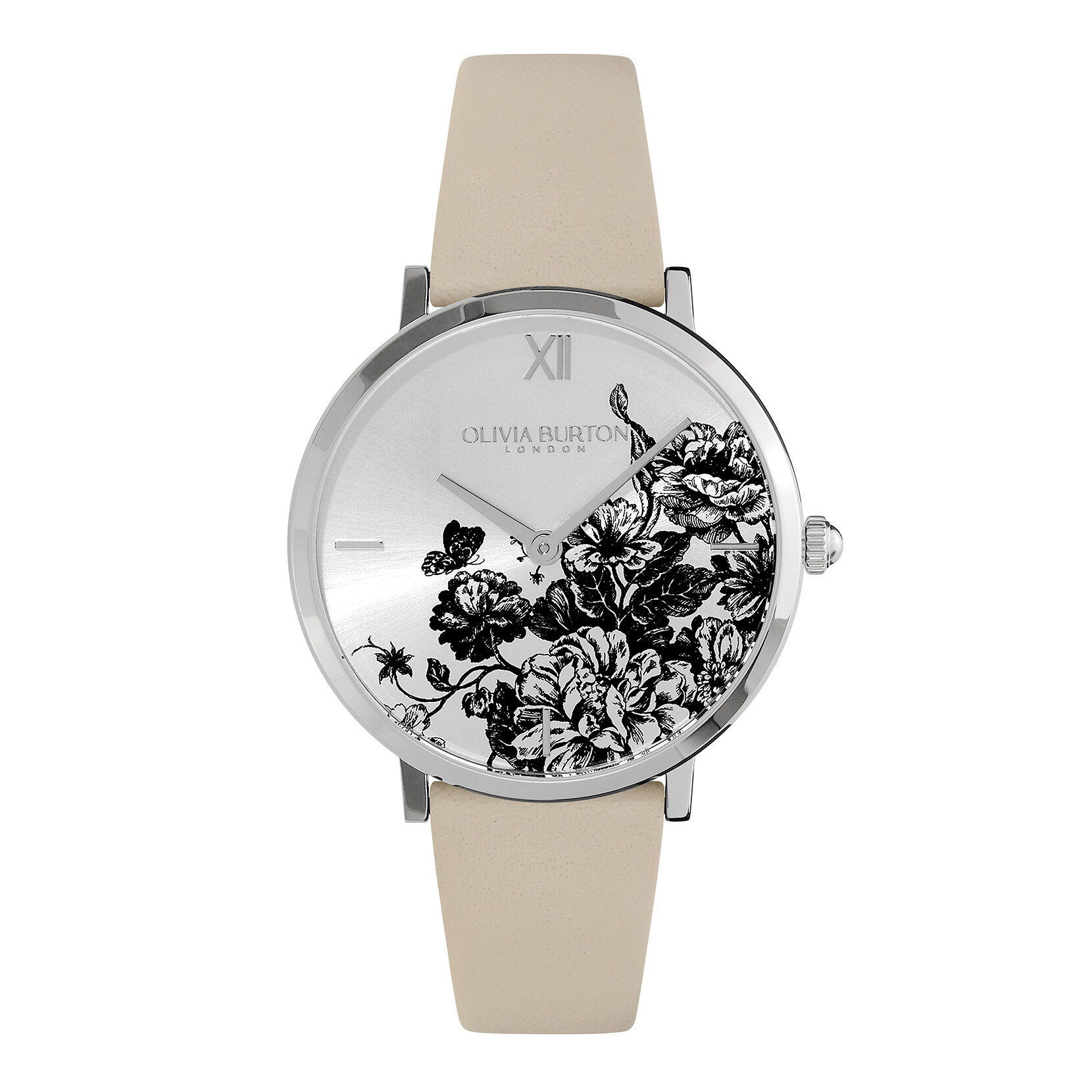 35mm Floral Blooms Ultra Slim Silver & Antique Pearl Leather Strap Watch