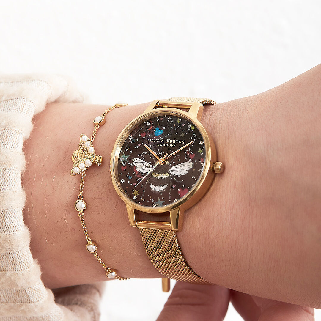 Night Garden 34mm Black Gold Mesh Watch Olivia Burton London
