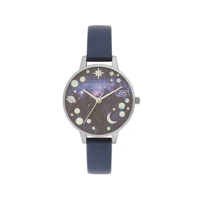 30mm Silver & Blue Leather Strap Watch
