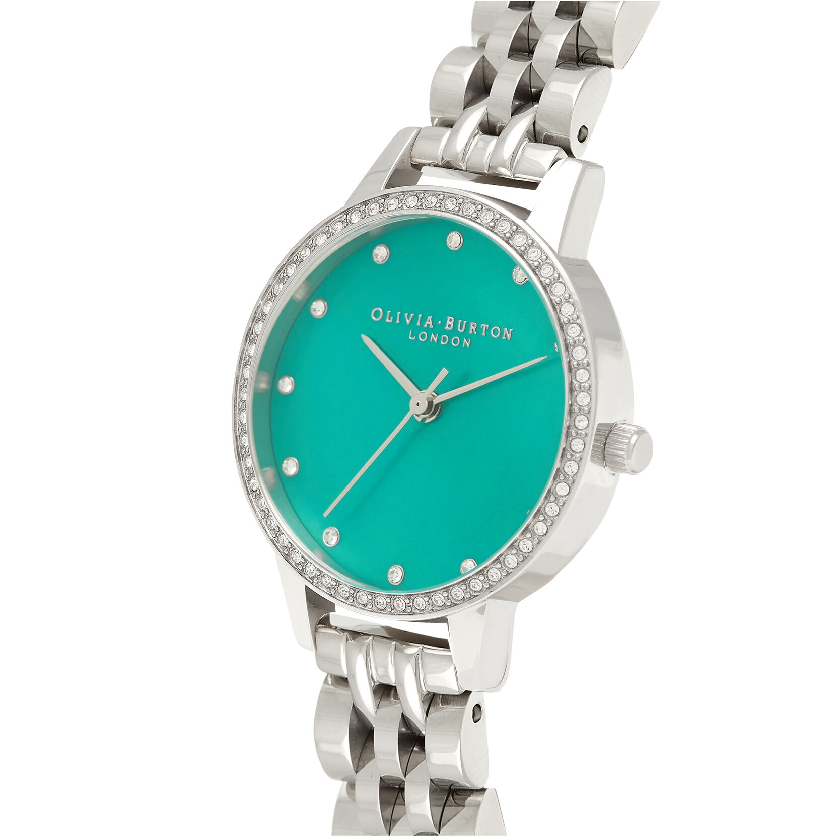 Montre à cadran Midi et lunette scintillante nacre verte et bracelet argent