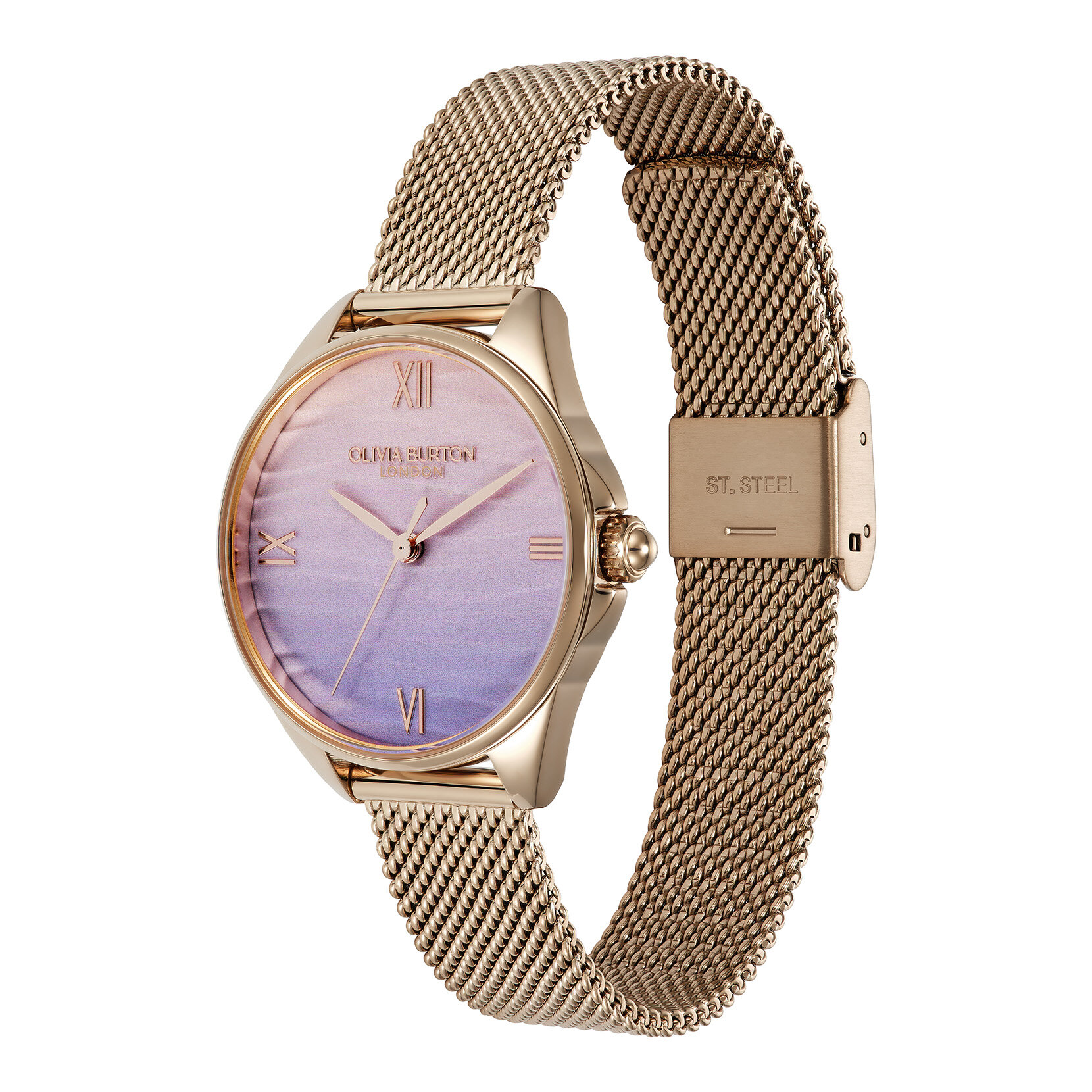Montre &agrave; mailles or rose et violet azur 30 mm