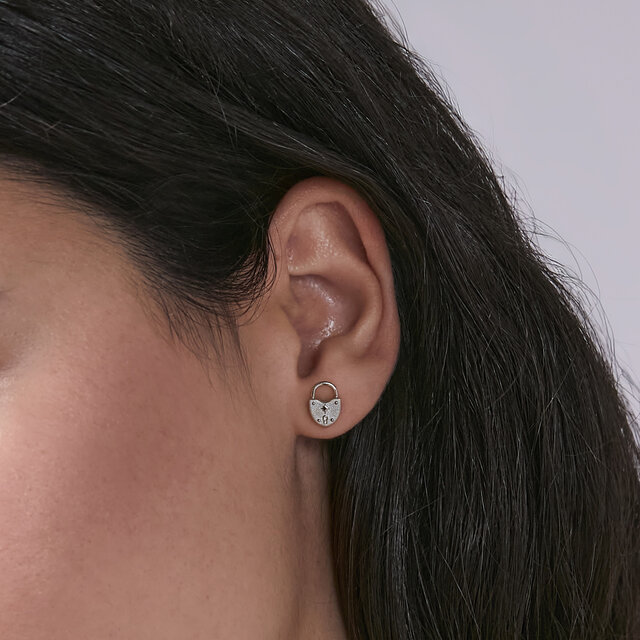 Lock Heart Silver Tone Stud Earrings