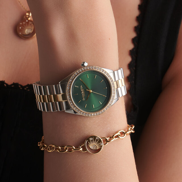 34mm Bejewelled Forest Green & Two Tone Bracelet Watch