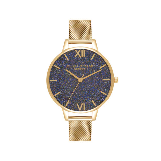 Montre à cadran intermédiaire pailleté bleu marine et bracelet milanais or