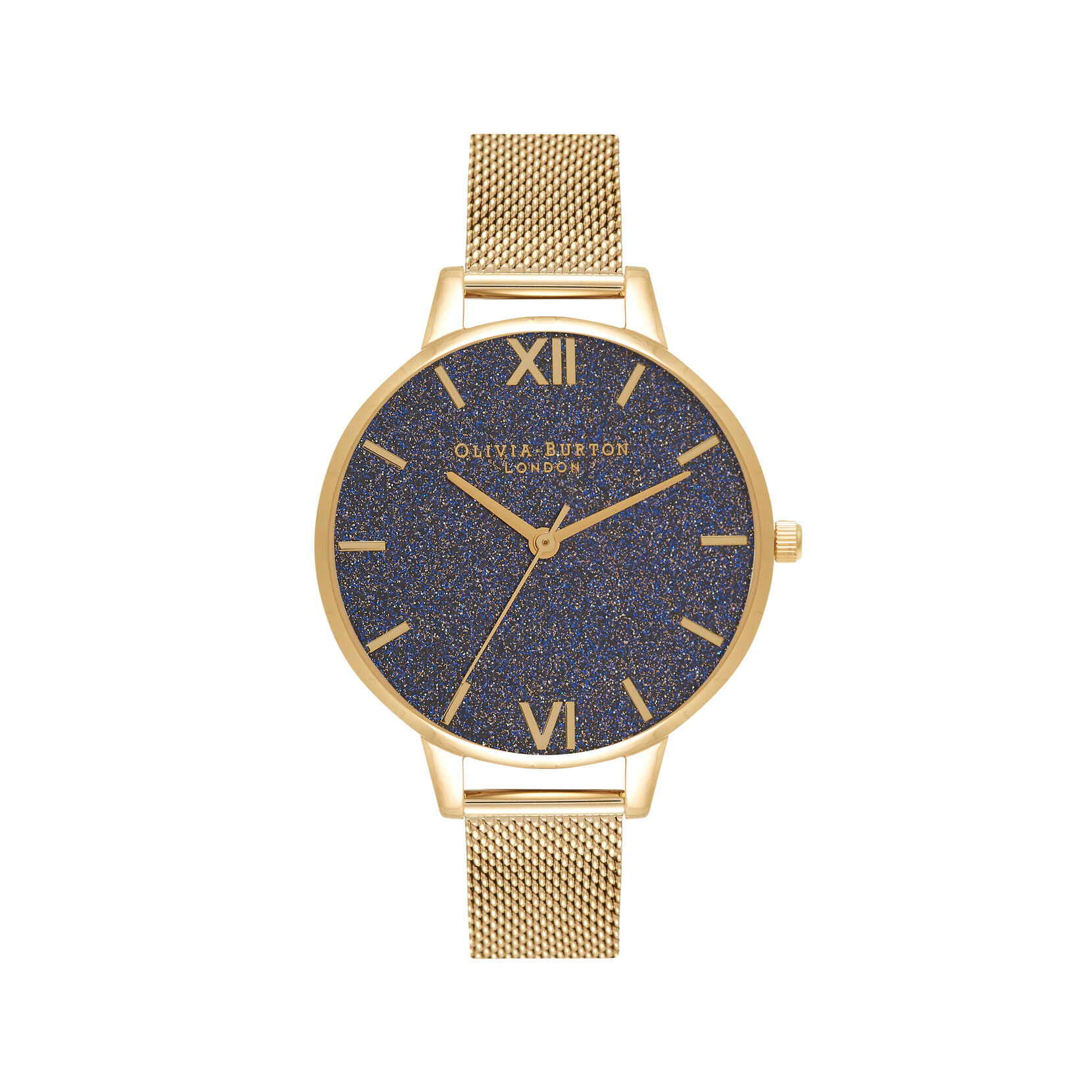 Montre à cadran intermédiaire pailleté bleu marine et bracelet milanais or