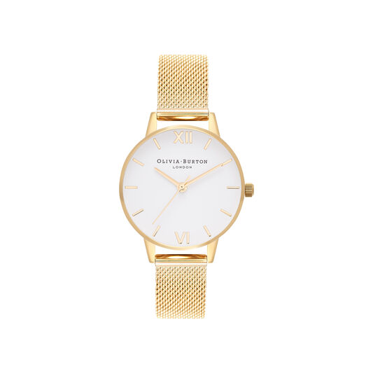 Ladies White Dial Gold Mesh Watch Olivia Burton London