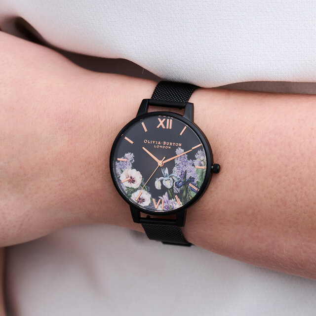 Montre Secret Garden à grand cadran et bracelet milanais noir