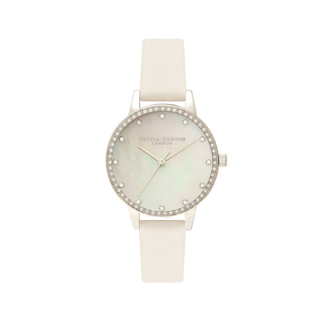 Montre Midi à lunette scintillante nacre, argent et rose poudré