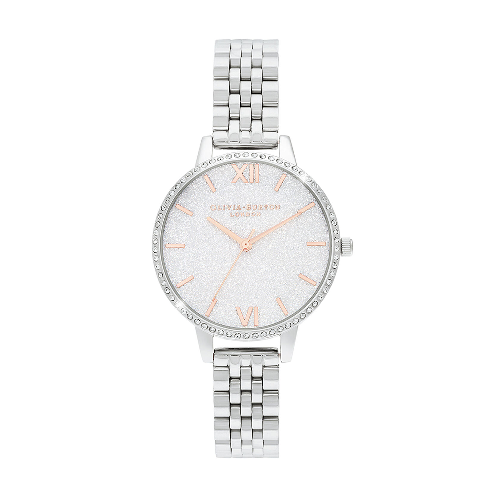 Bracelet en or rose et argent cadrant mi pailleté blanc lunette scintillante