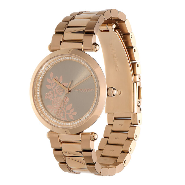 Montre florale avec fermoir en T Gris et Or rose 34 mm