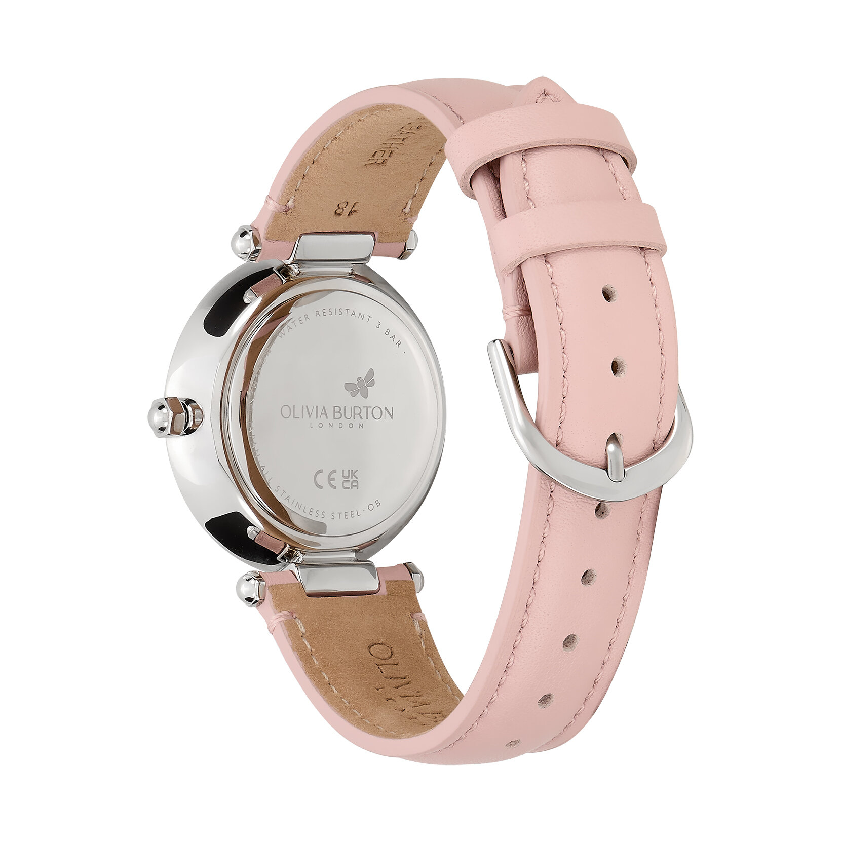 34mm Floral T-Bar Silver & Rose Leather Strap Watch