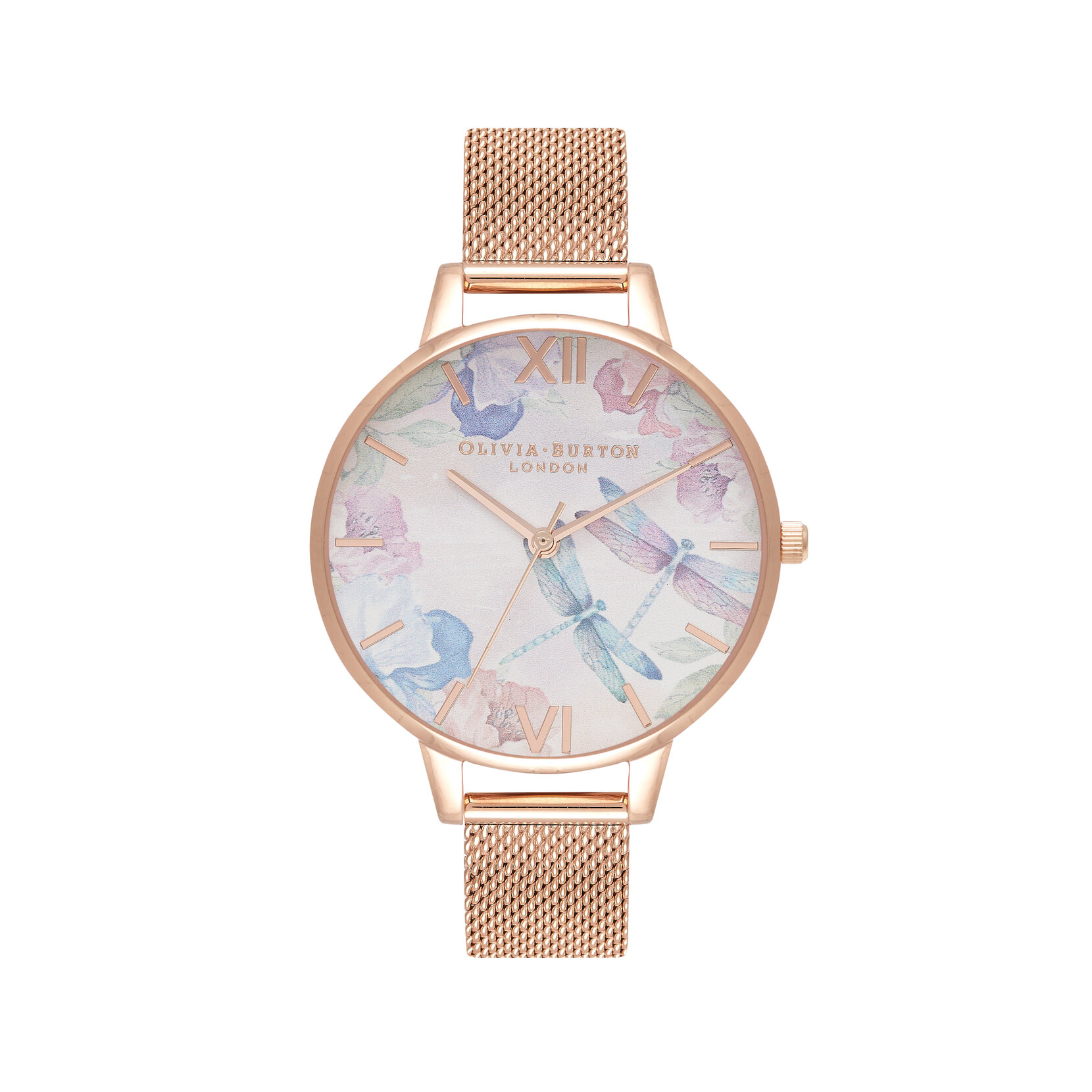 Montre en maille or rose à boîtier mince au motif de libellule
